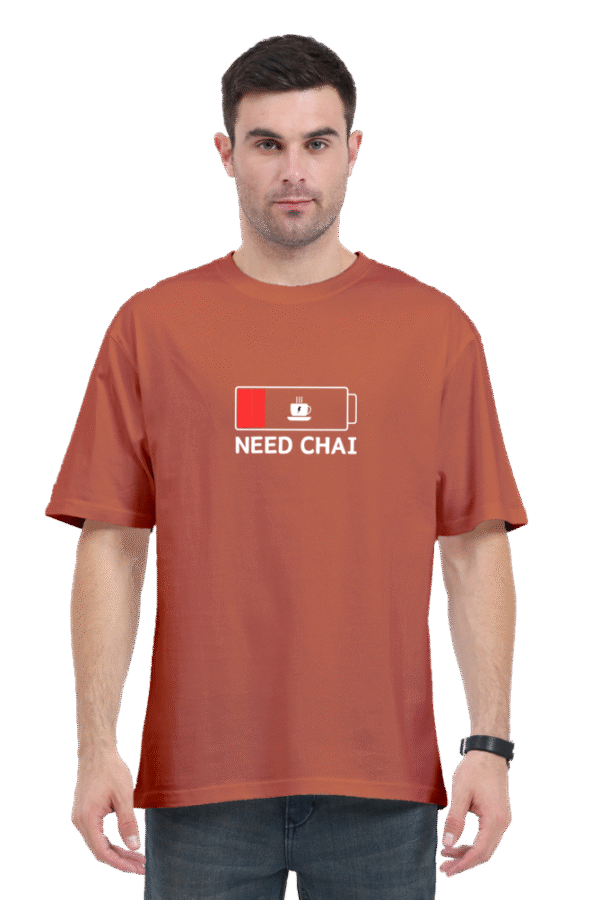 Need Chai Unisex Oversized T-Shirt – Yellow Cotton Tee with Low Battery Tea Print