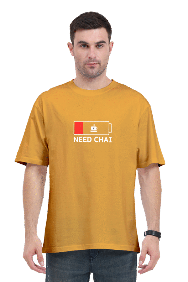 Need Chai Unisex Oversized T-Shirt – Yellow Cotton Tee with Low Battery Tea Print