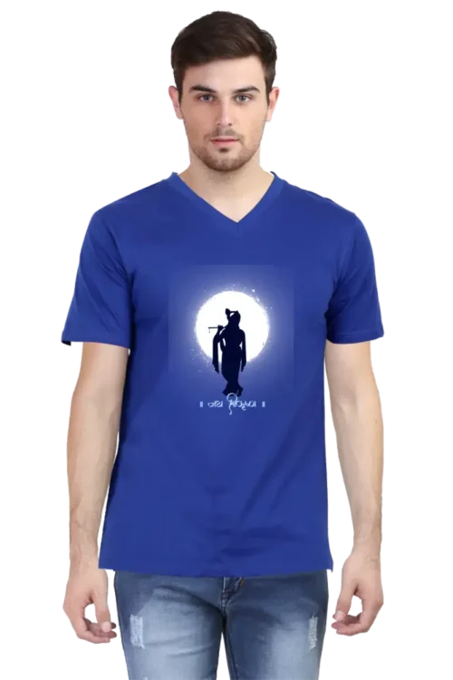 Worship meets wardrobe with this stylish Jai Shri Krishna V-neck T-shirt in Black, Navy Blue & Royal Blue. Perfect for festive vibes, spiritual events, or casual fashion.