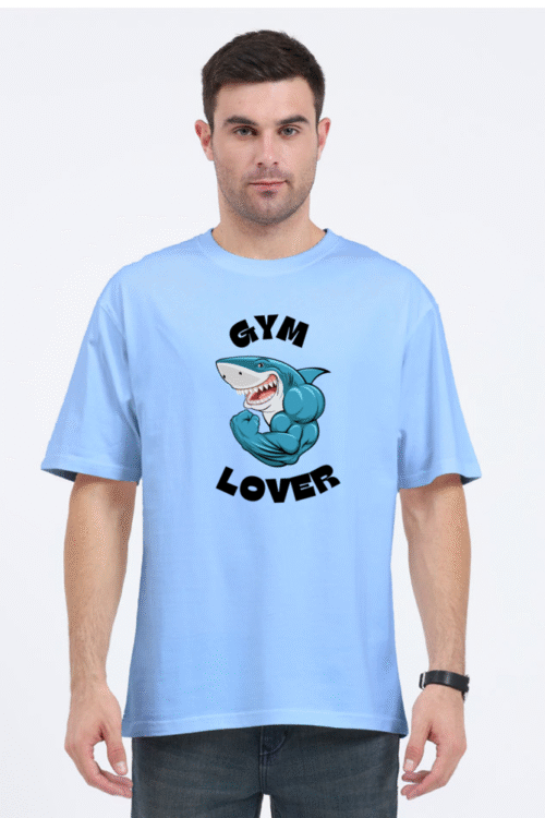 Gym Lover Unisex Oversized T-Shirt – White Cotton Tee with Shark Bodybuilder Print