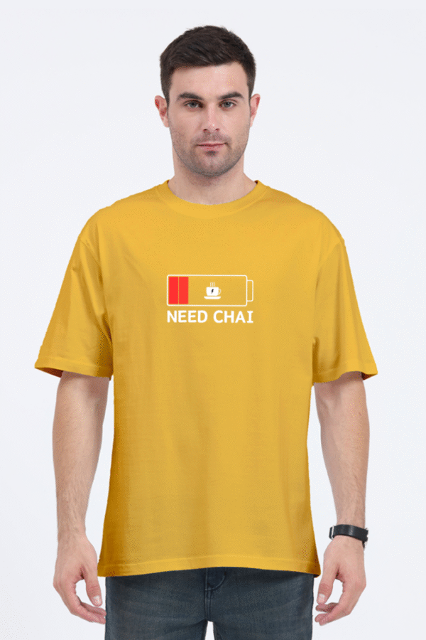 Need Chai Unisex Oversized T-Shirt – Yellow Cotton Tee with Low Battery Tea Print