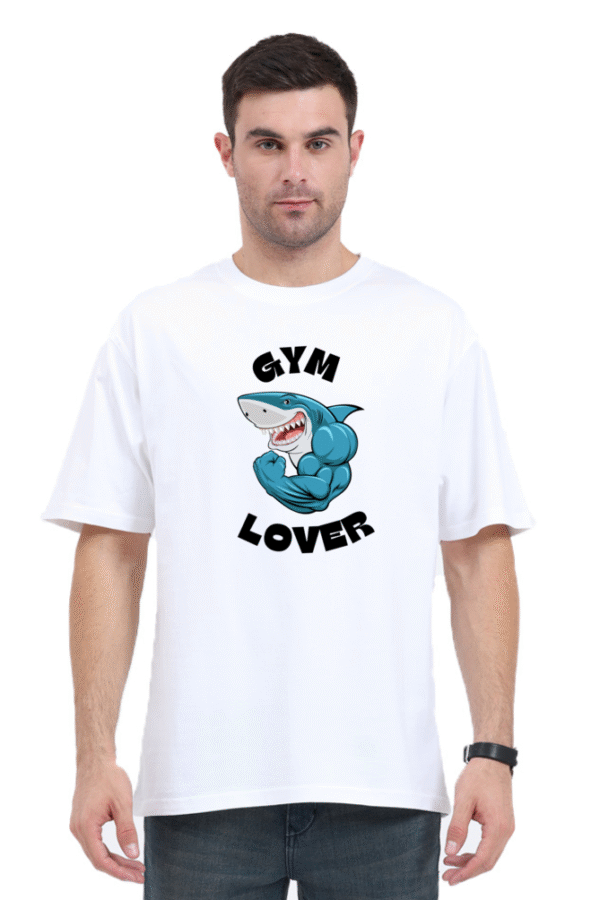 Gym Lover Unisex Oversized T-Shirt – White Cotton Tee with Shark Bodybuilder Print