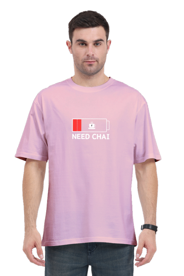 Need Chai Unisex Oversized T-Shirt – Yellow Cotton Tee with Low Battery Tea Print