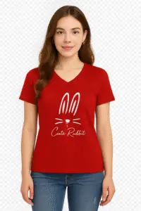 Trendy Red Women's T-Shirt with Cute Rabbit DTF Print – HD Quality | Stylish & Comfortable
