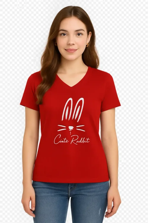 Trendy Red Women's T-Shirt with Cute Rabbit DTF Print – HD Quality | Stylish & Comfortable